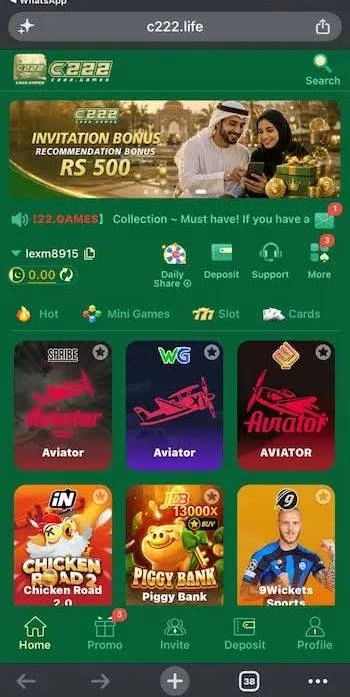 Mobile screen showing the C222 game selection menu featuring slots, card games, and live-dealer style tables.