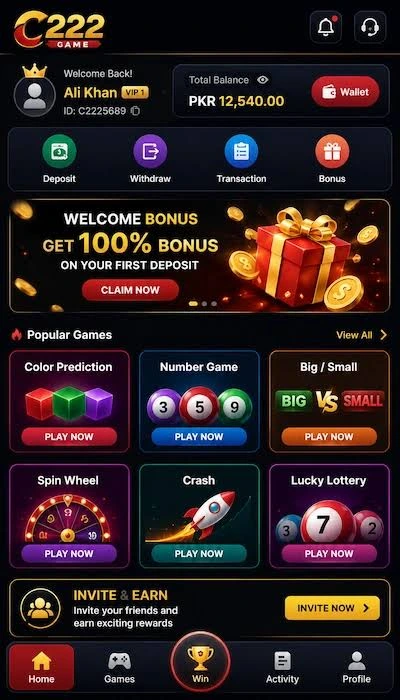 Collage of C222 gameplay: colourful slot machine reels, Teen Patti table with virtual chips, and digital Rummy cards.