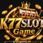 Welcome screen of K77Slot Game app on a smartphone with vibrant slot reels and bonus offers for Pakistani players.