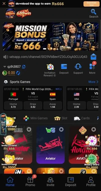 Refer and earn banner on 688Win Game with a shareable invite code and commission illustration, promoting the social earning game feature.