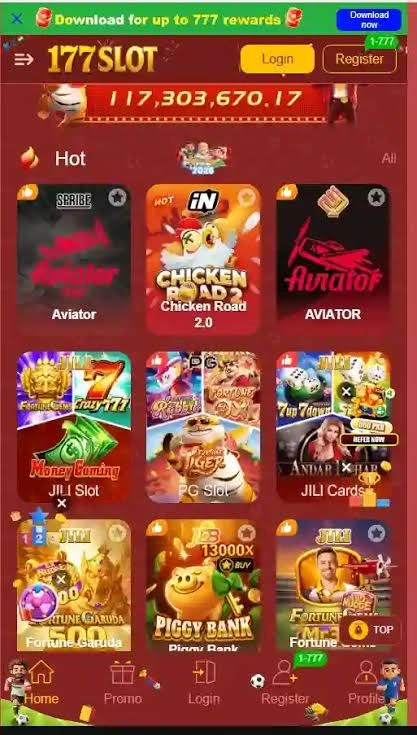 User-friendly homepage interface of 177Slot Game showing game categories and registration button.