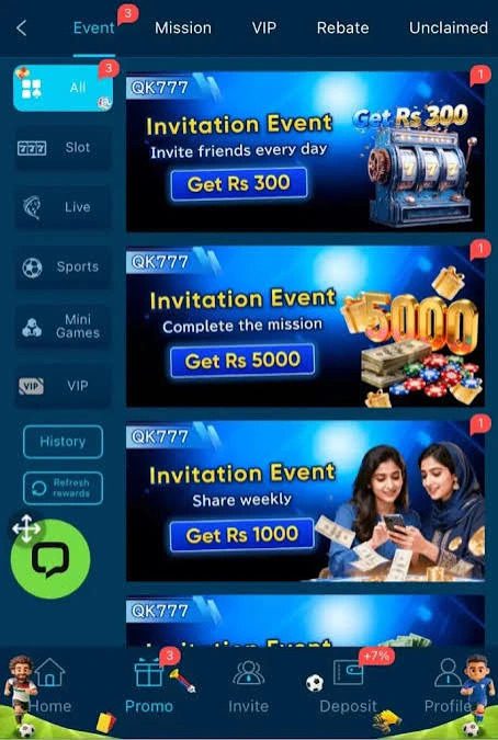 Welcome bonus and daily cashback rewards from QK777 Game