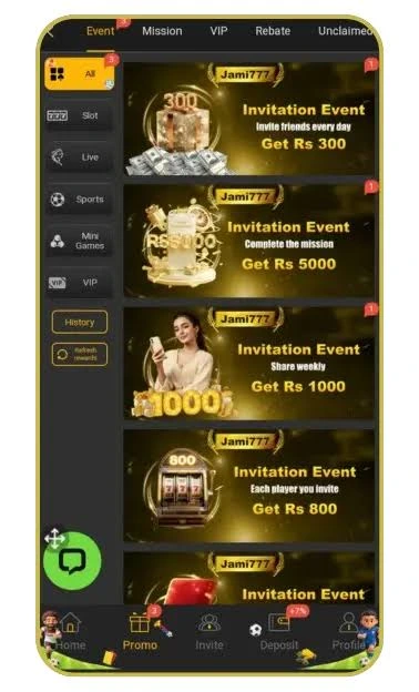 Daily login bonus and reward points displayed on the Jami777 Game dashboard.