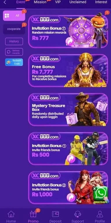 Daily login bonus and reward points displayed on the XC777 Game dashboard.