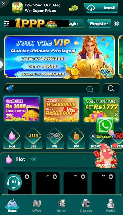 1PPP Game mobile app lobby screen showing Teen Patti table, slot machine icons, and a ‘Withdraw via Easypaisa/JazzCash’ banner on a smartphone held in hand.