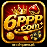 6PPP Game logo with a golden 3D style on a red velvet background, next to a mobile phone showing the app’s home screen with a welcome bonus pop‑up.