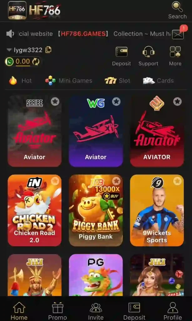 Smartphone screen showing a colourful HF786 slot game in play, with spinning reels, a 'Spin' button, and a balance displayed in Pakistani Rupees (PKR).