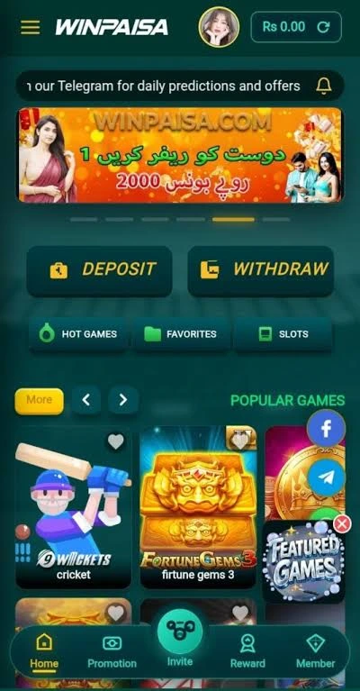  WINPAISA Game interface showing slot games and sports betting options